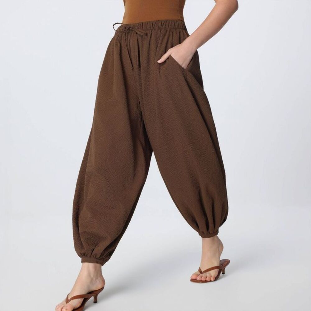 Women's Mid-Rise Drawstring Balloon Pants - A New Day Brown Check L